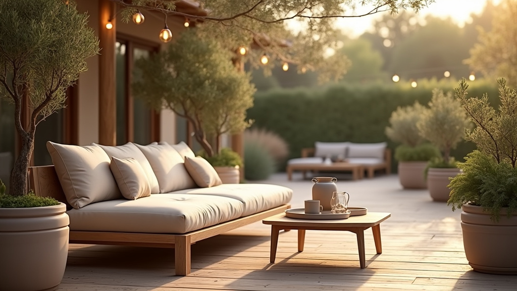 Revêtement de terrasse en bois composite avec mobilier en rotin