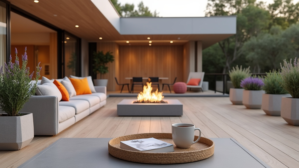 Terrasse en bois exotique avec mobilier de jardin contemporain