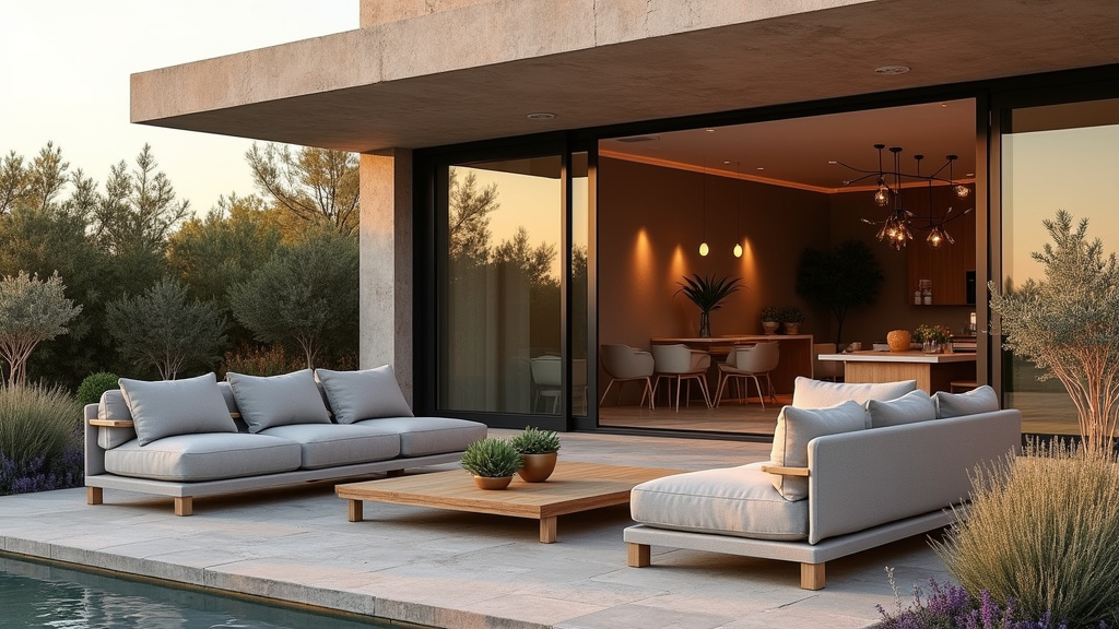 Terrasse moderne aménagée avec mobilier de jardin et éclairage intégré