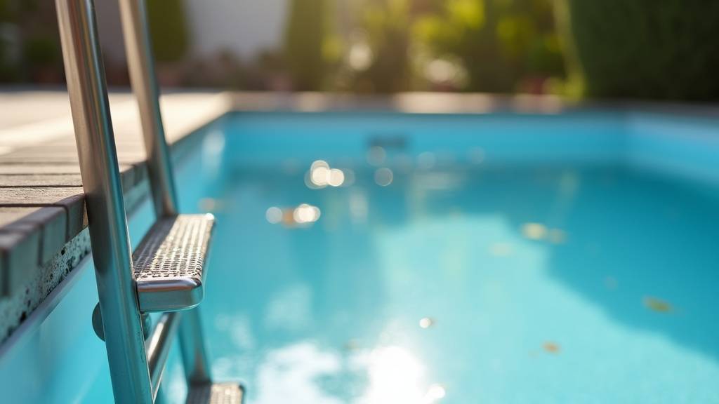 Escalier de piscine hors sol en résine sur un terrain en pente