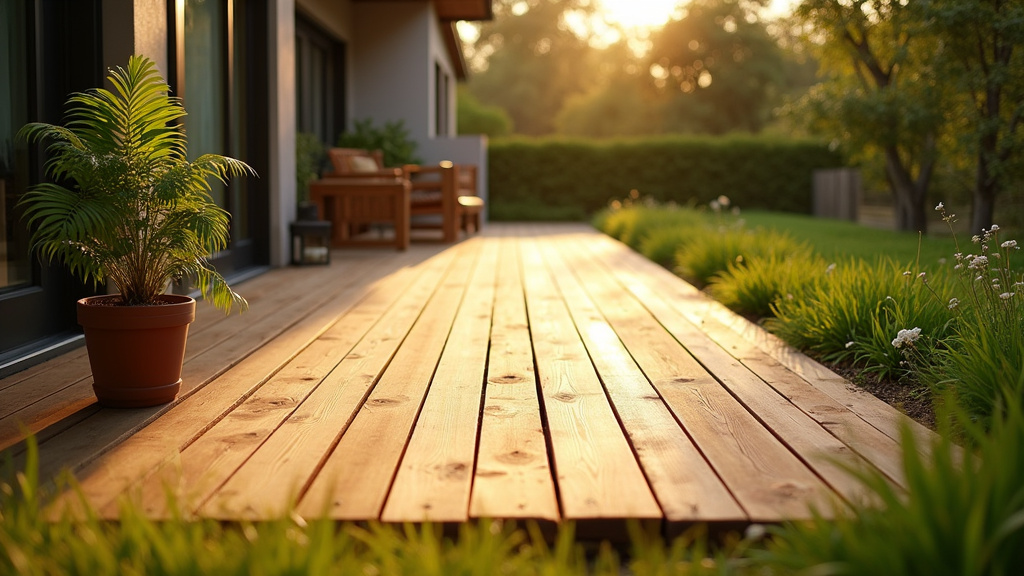Vue d'ensemble d'une terrasse en bois avec mobilier d'extérieur harmonieusement intégrée dans un jardin paysager