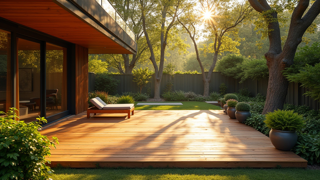 Terrasse en bois exotique avec mobilier d'extérieur sur une véranda ensoleillée
