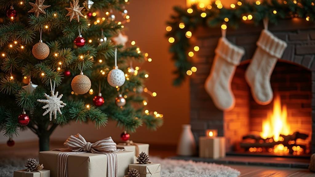 Décoration murale de Noël avec sapin stylisé et guirlandes lumineuses