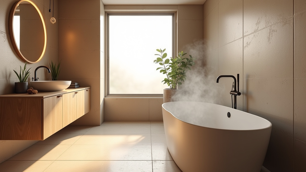 Salle de bain zen avec plantes et matériaux naturels