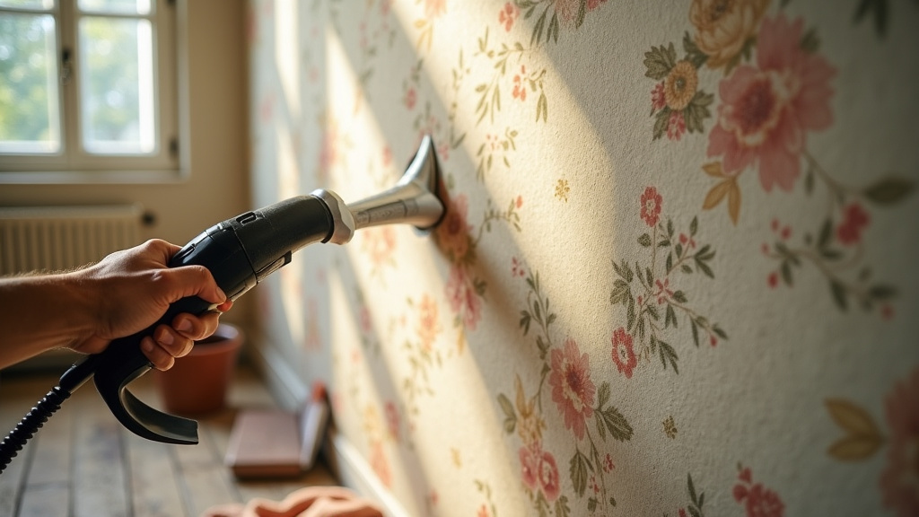 Décolleuse à papier peint à vapeur en action sur un mur