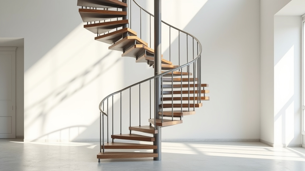 Intérieur moderne avec un escalier hélicoïdal blanc au centre, illustrant le gain de place