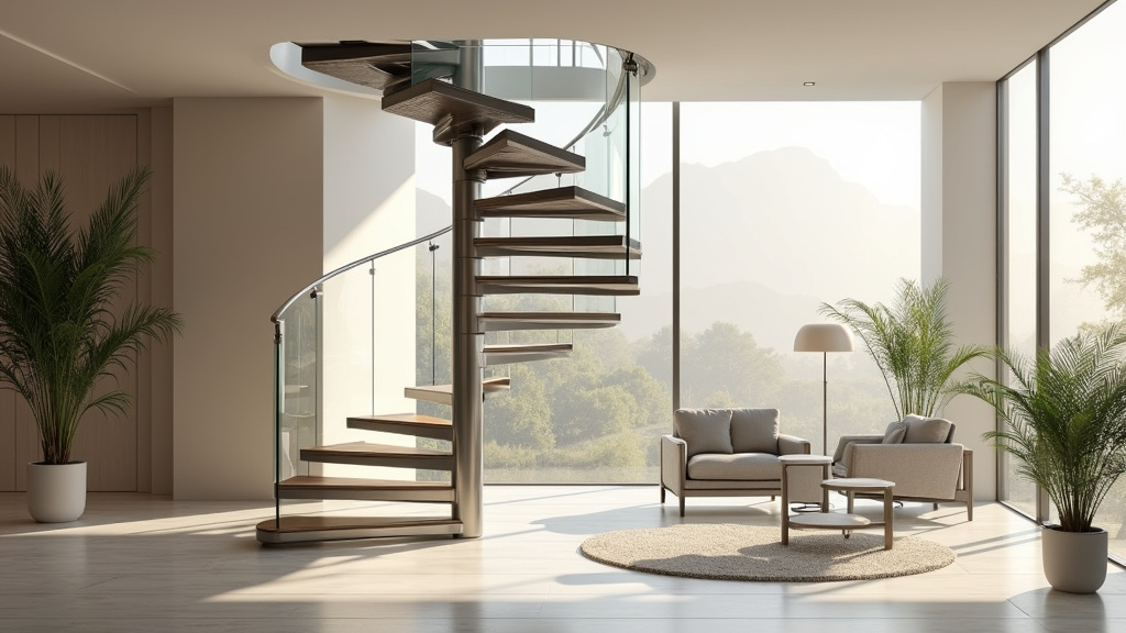 Escalier hélicoïdal design en bois clair menant à une mezzanine dans un petit appartement