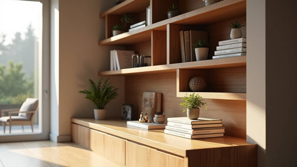 Étagère escalier bien organisée avec boîtes et objets décoratifs