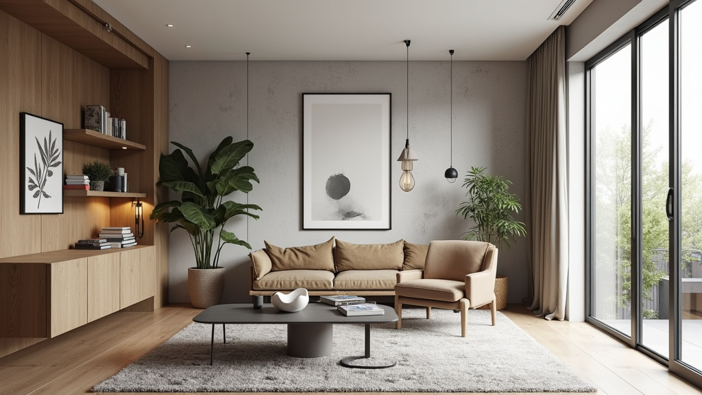 Salle de séjour scandinave moderne avec mobilier en bois clair et textiles naturels