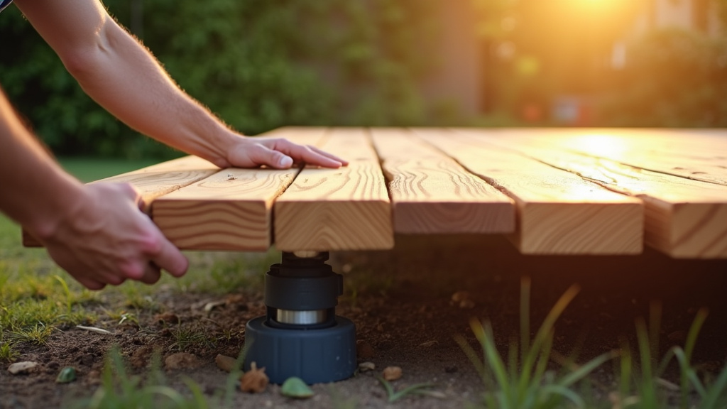 Terrasse en bois sur plots dans un jardin bien aménagé