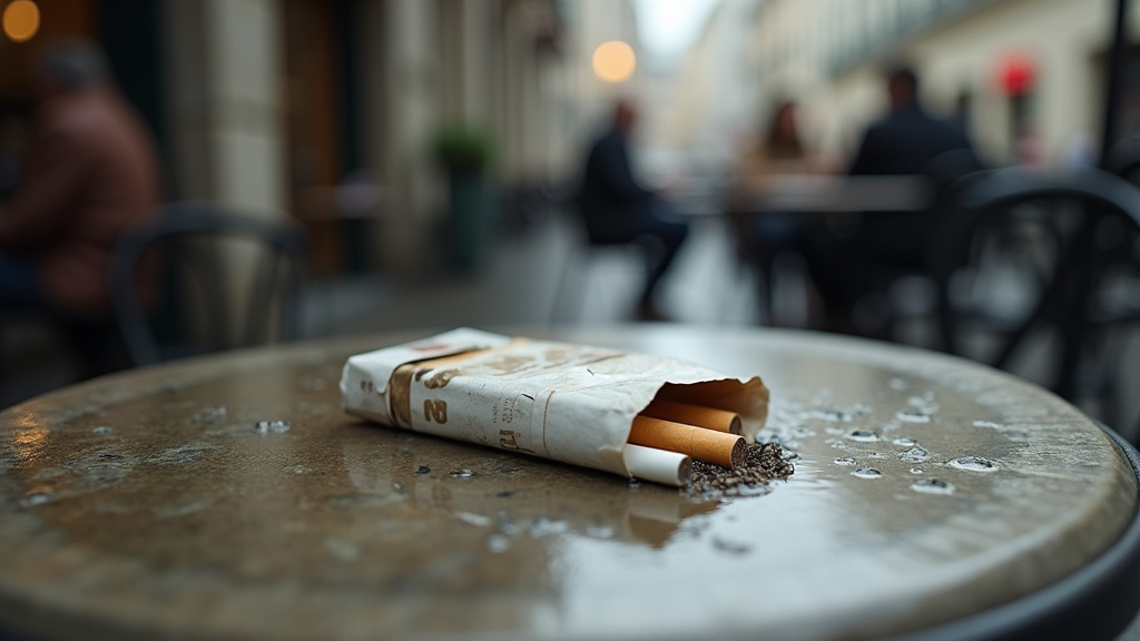 Terrasse de café avec affichage interdiction de fumer