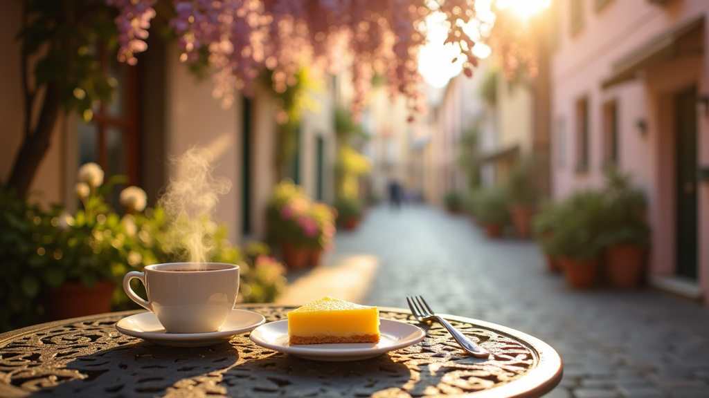 Terrasse de restaurant avec vue panoramique sur la ville au coucher du soleil