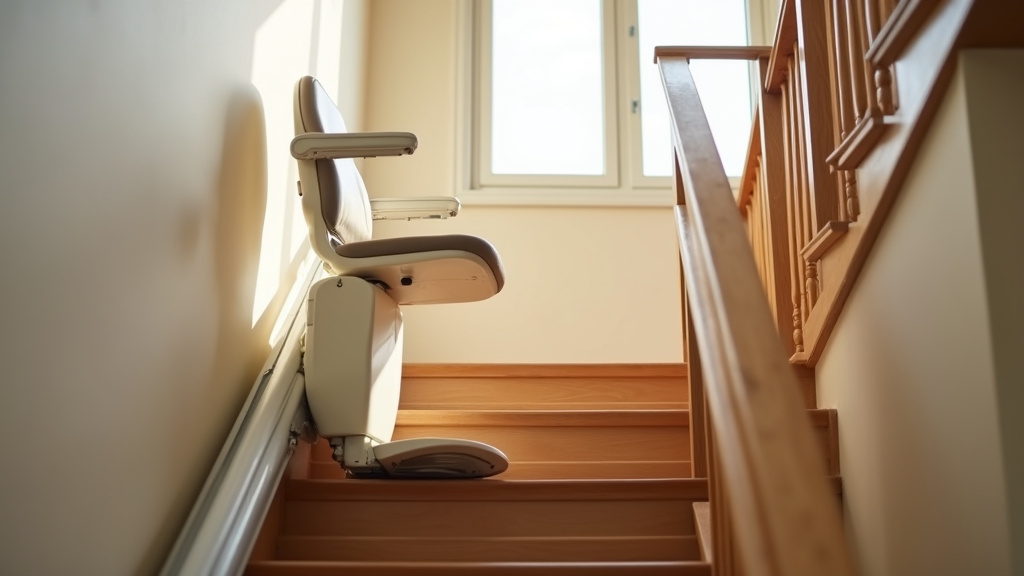 Fauteuil d'un monte-escalier moderne et discret installé sur un rail
