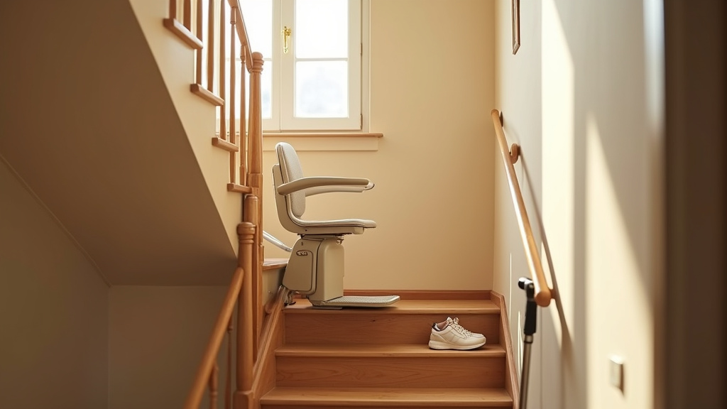 Personne âgée utilisant un monte-escalier pour monter les marches chez elle