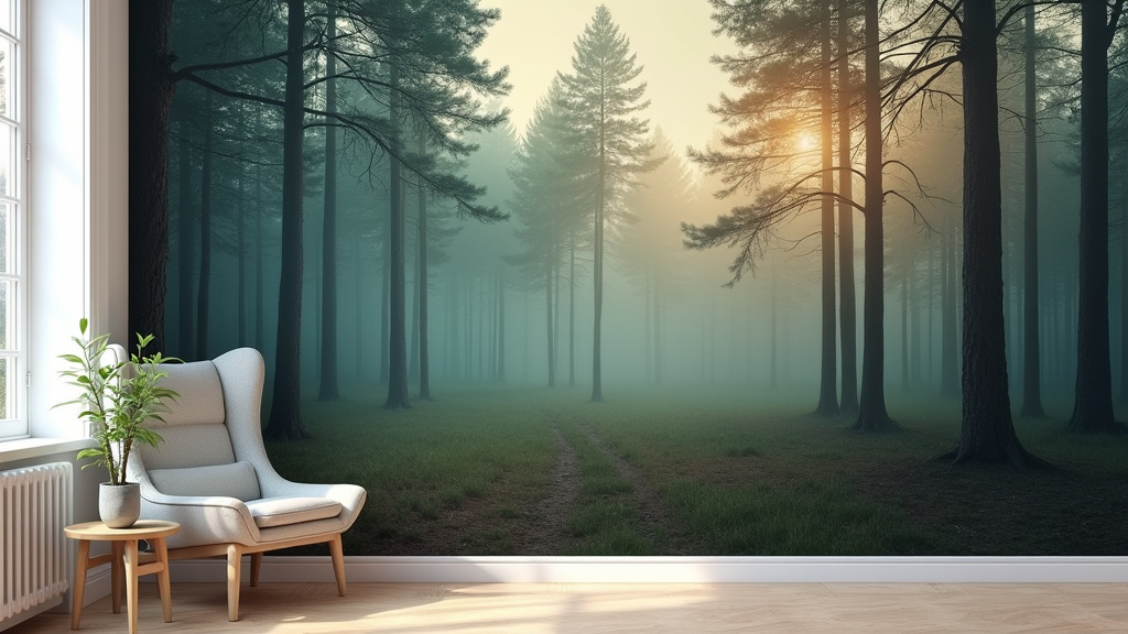 Paysage naturel imprimé en papier peint panoramique dans une chambre