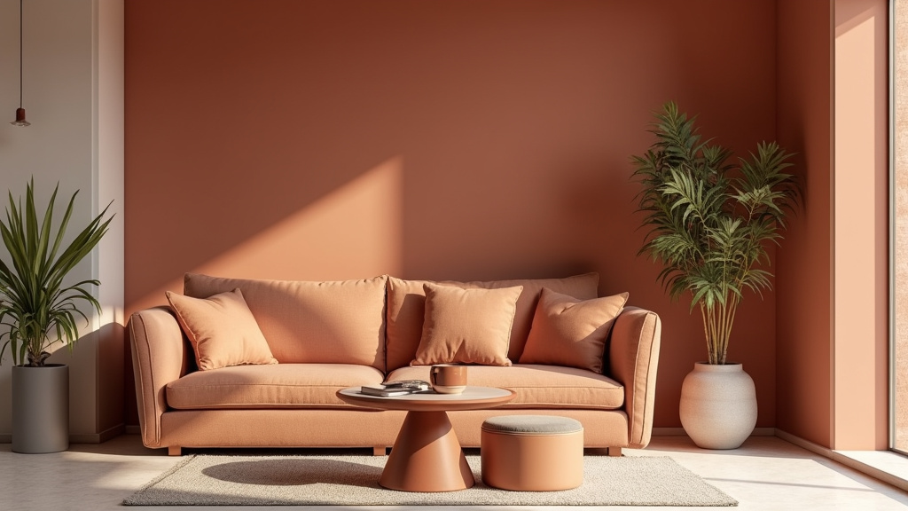 Mur décoré avec du papier peint terracotta dans un salon chaleureux