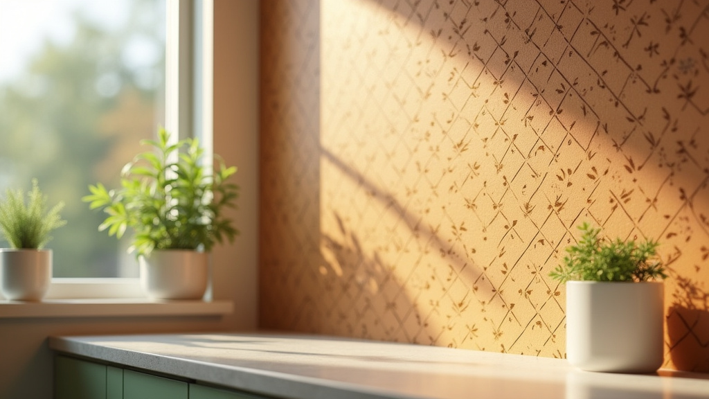 Cuisine avec mur d'accent en papier peint feuillage