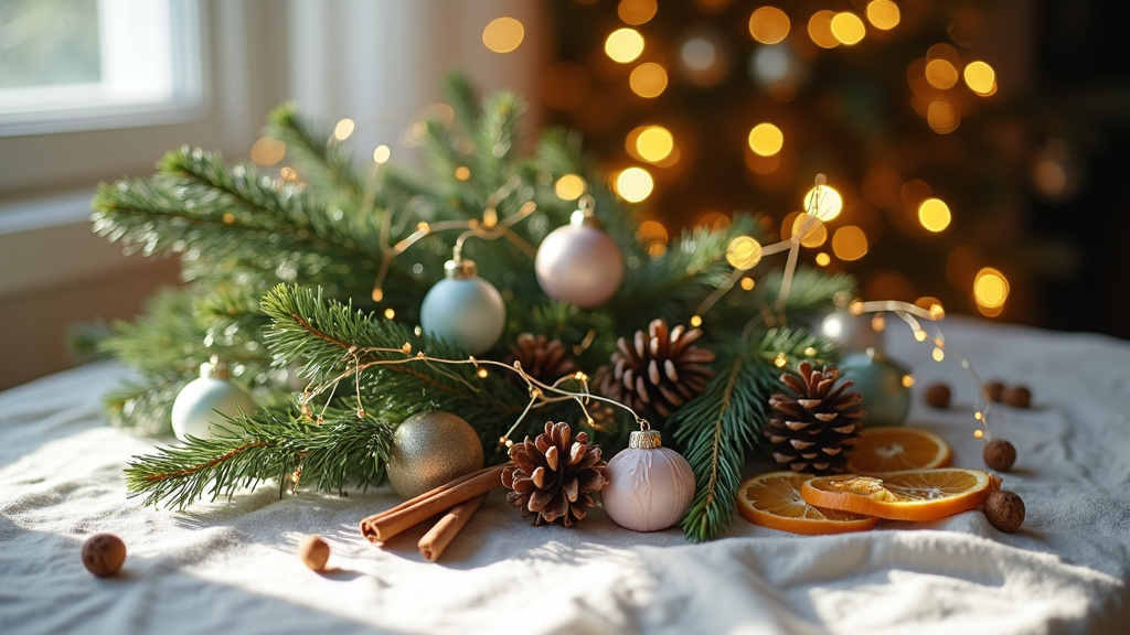 Décoration de Noël élégante avec sapin, guirlandes et bougies dans un salon chaleureux