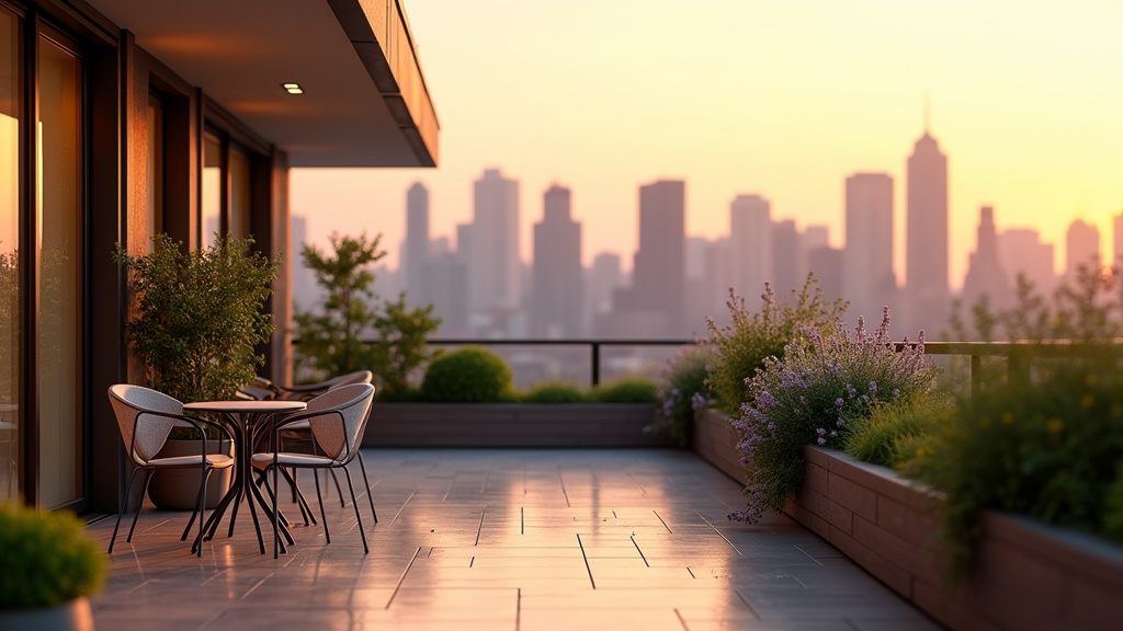 Aménagement de terrasse en ville avec mobilier et plantes