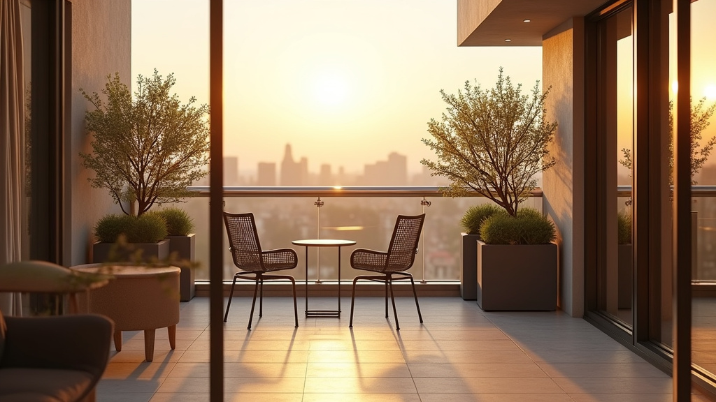 Vue aérienne d'une terrasse en ville avec mobilier et végétation