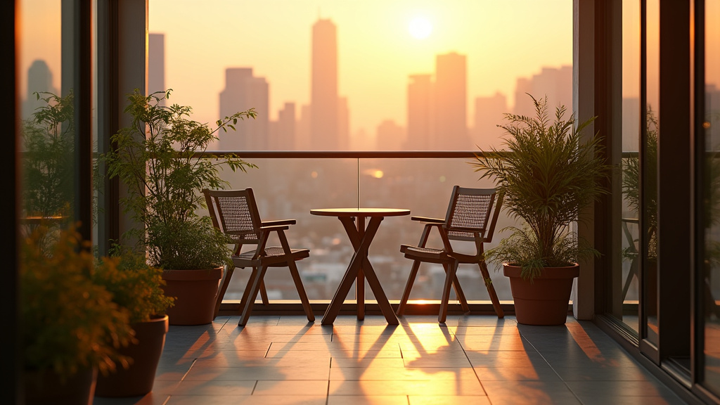 Terrasse en ville avec vue sur toits et ciel bleu