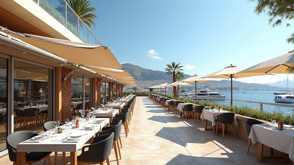 Intérieur des Terrasses du Port avec vue sur la mer et boutiques